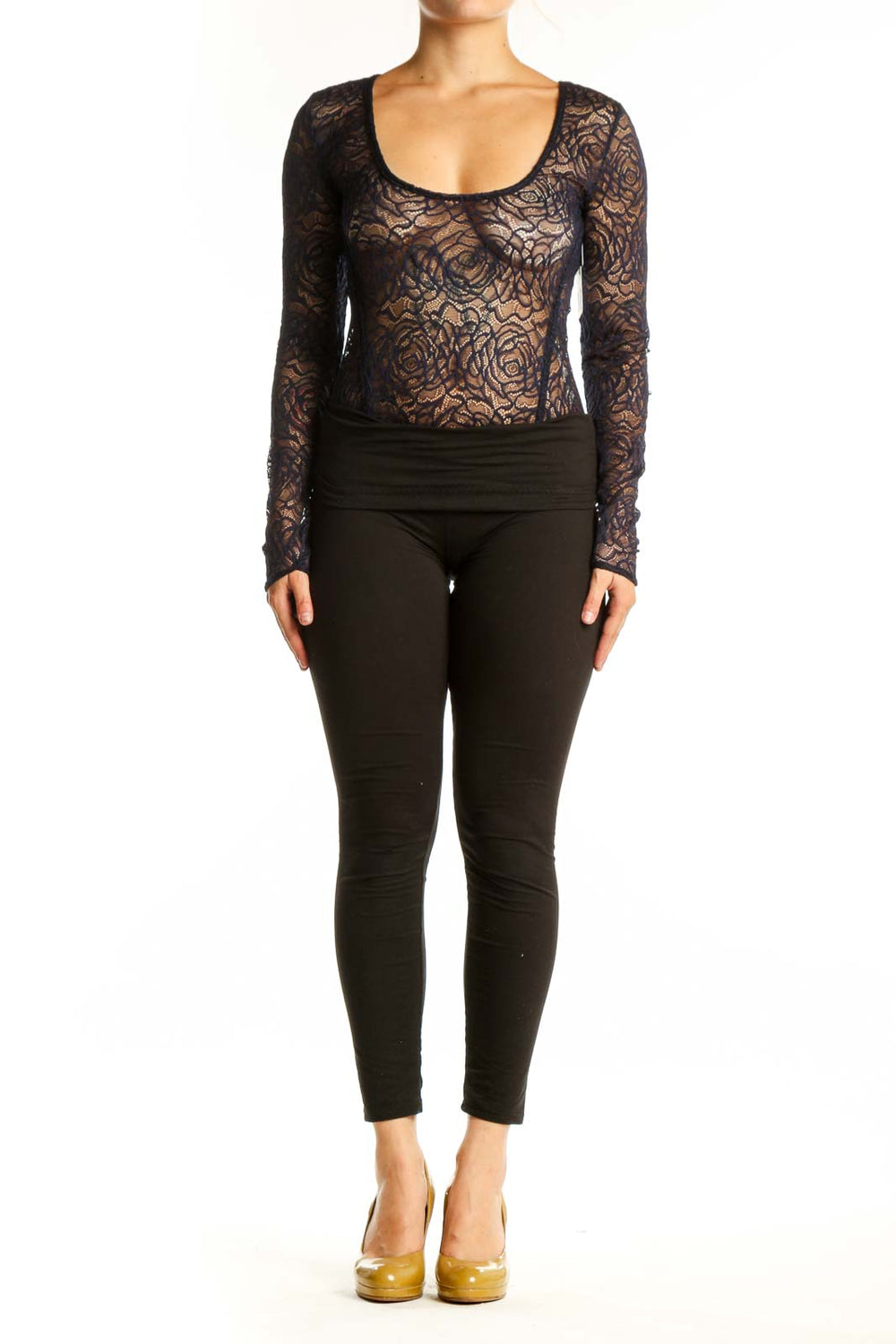 Black floral lace long sleeve crop top with scoop neckline, front view
