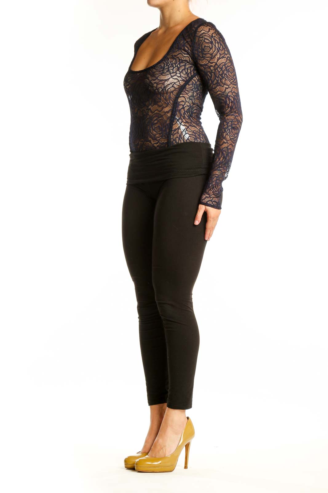Black floral lace long sleeve crop top with scoop neckline, front view