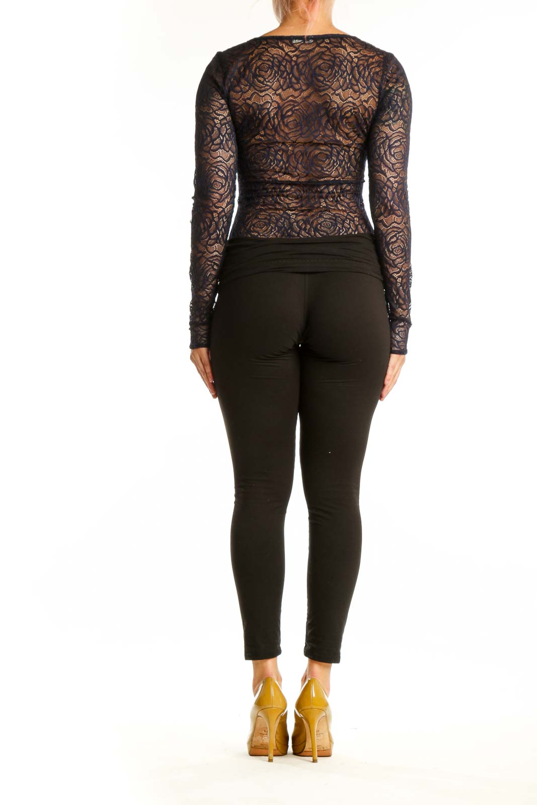 Black floral lace long sleeve crop top, back view showing sheer lace design