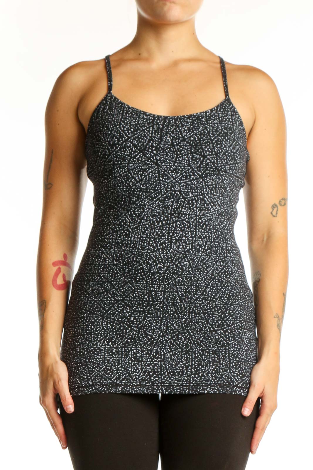 Black speckled Lululemon camisole tank top with adjustable spaghetti straps, front view on model