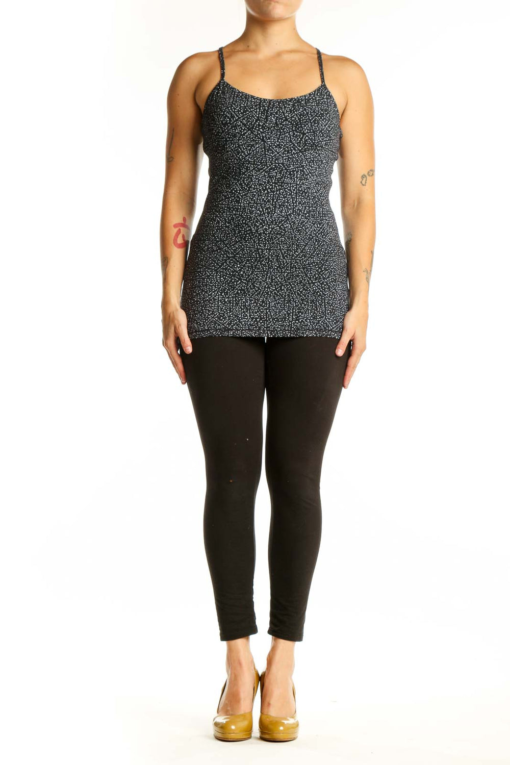 Black speckled Lululemon camisole tank top with adjustable spaghetti straps, front view on model