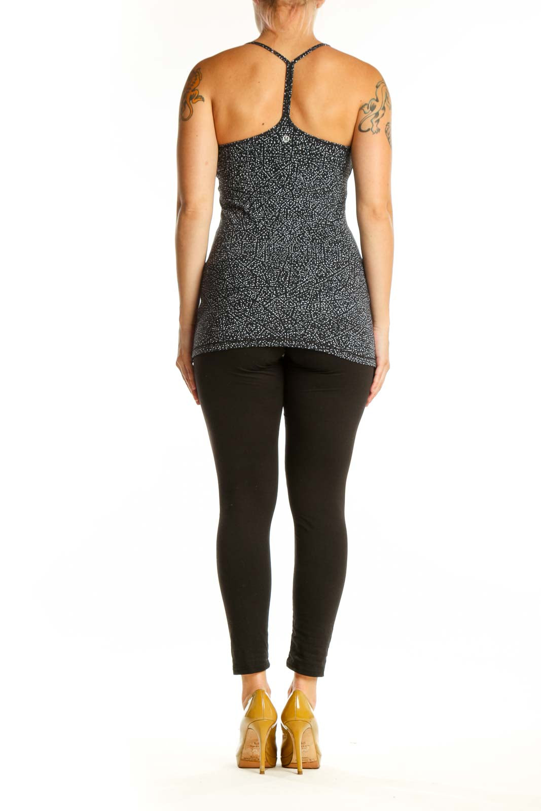Black speckled Lululemon camisole tank top, back view showing fitted silhouette and strap design