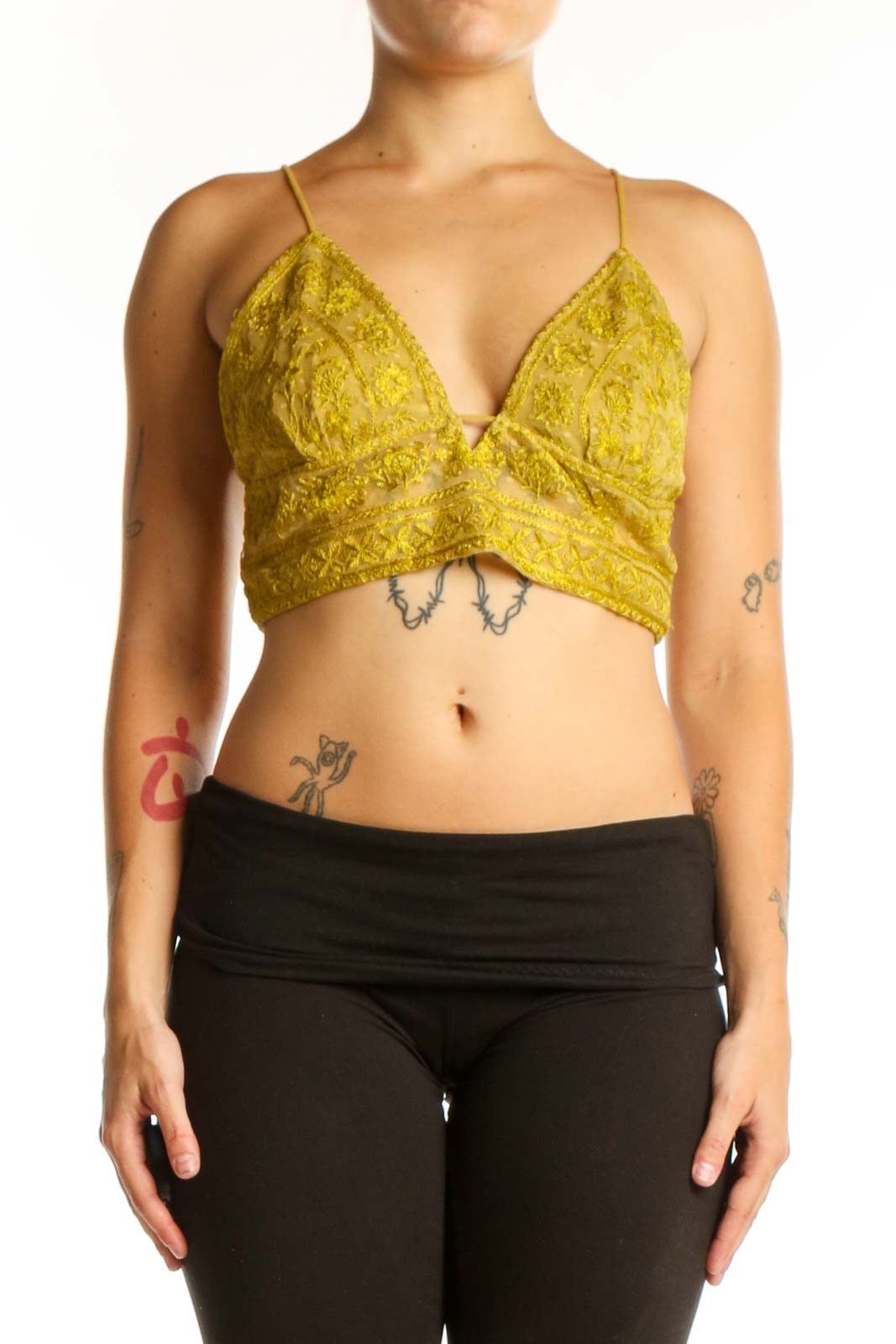 Yellow lace wrap crop top with adjustable spaghetti straps and V-neckline, front view