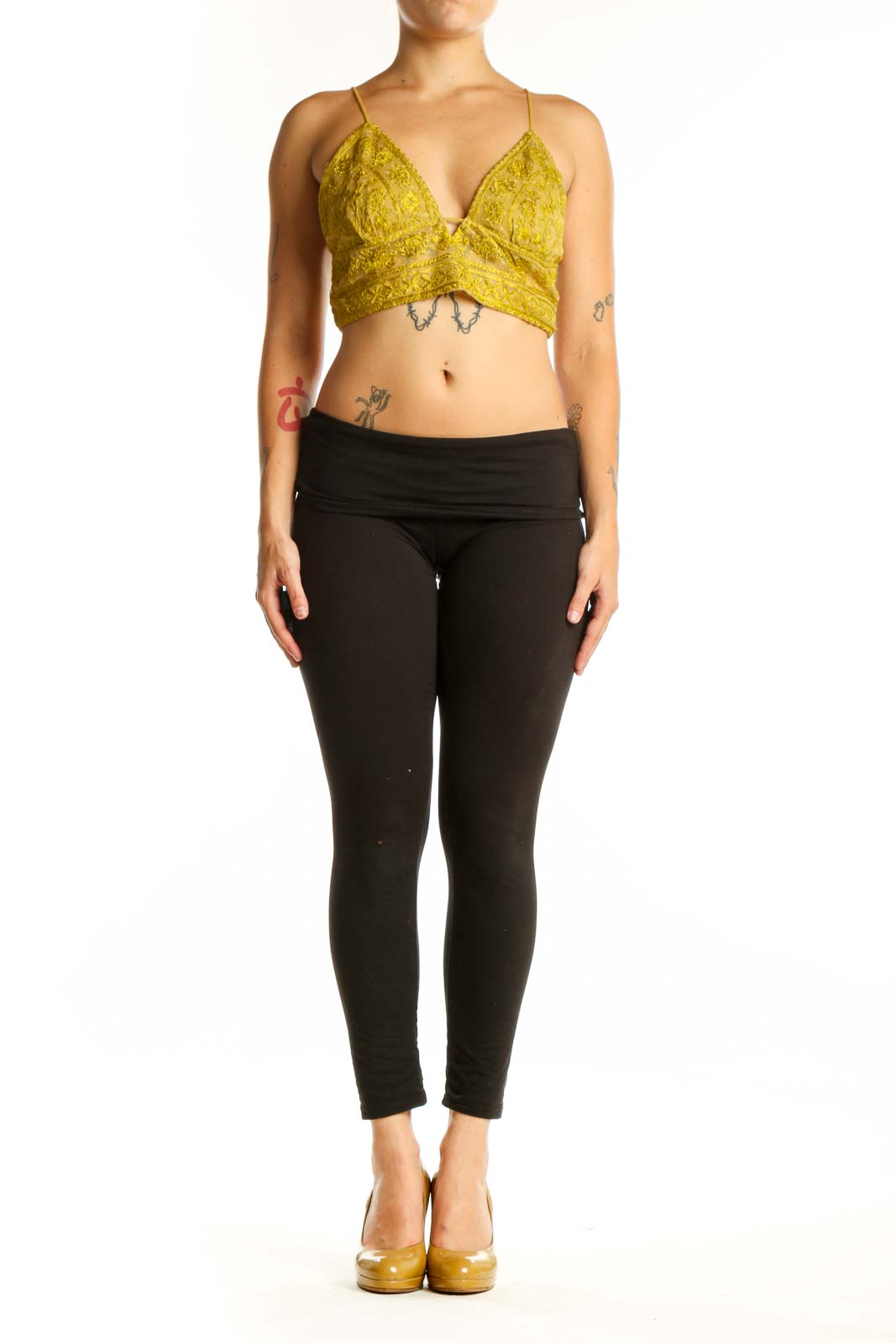 Yellow lace wrap crop top with adjustable spaghetti straps and V-neckline, front view