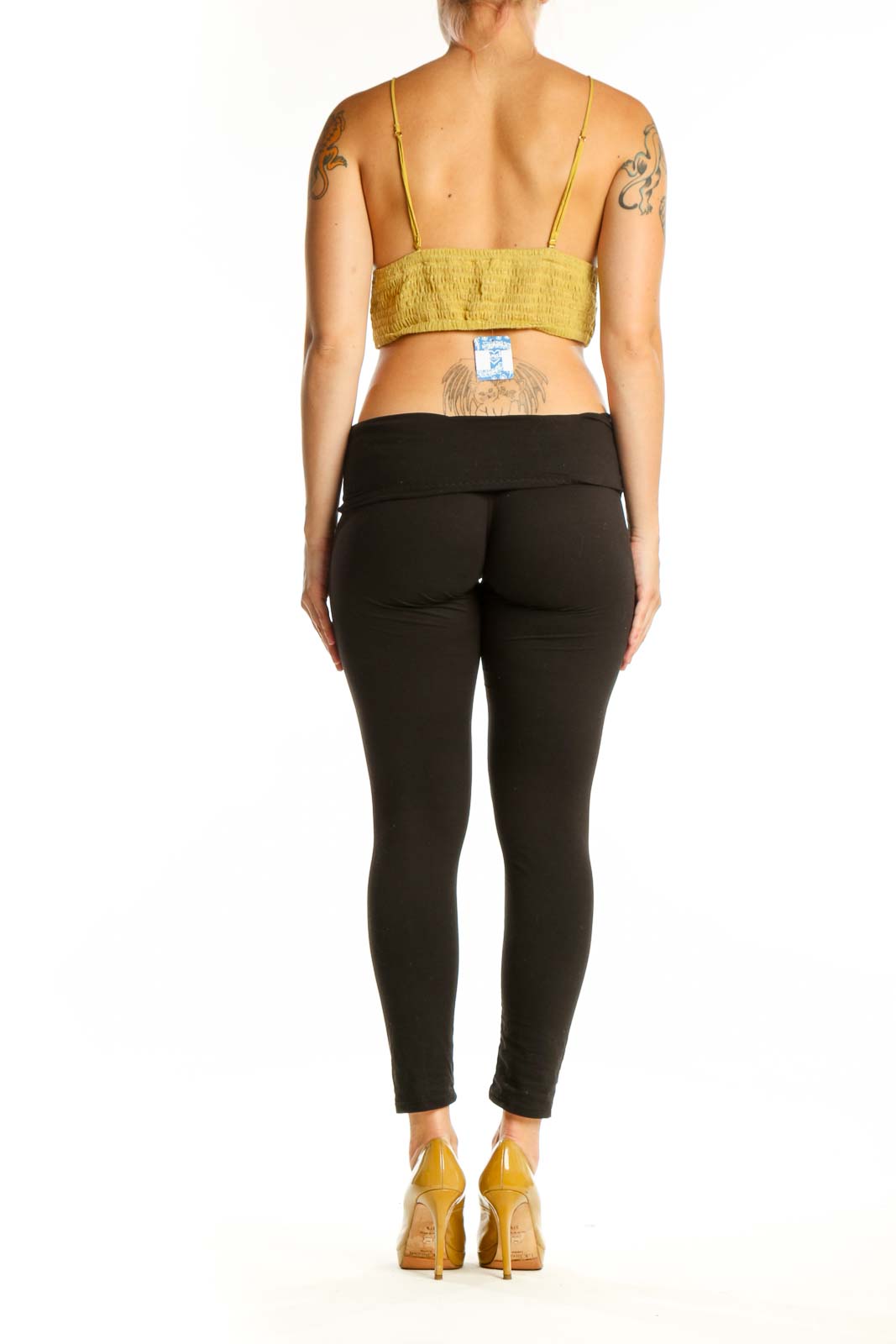 Yellow lace wrap crop top back view showing wrap design and adjustable straps