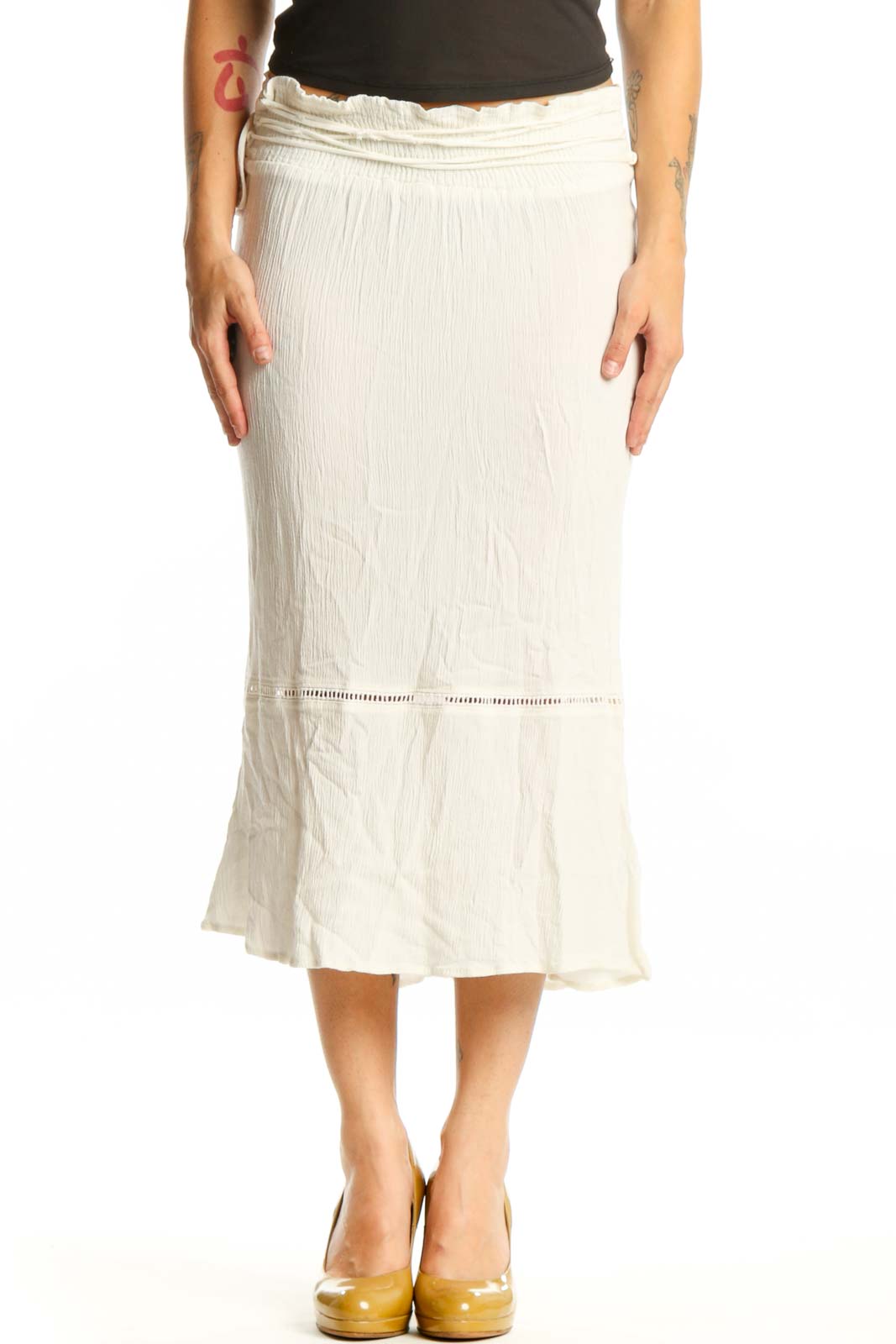 Cream pleated rayon midi skirt front view with decorative waistband and flowing silhouette
