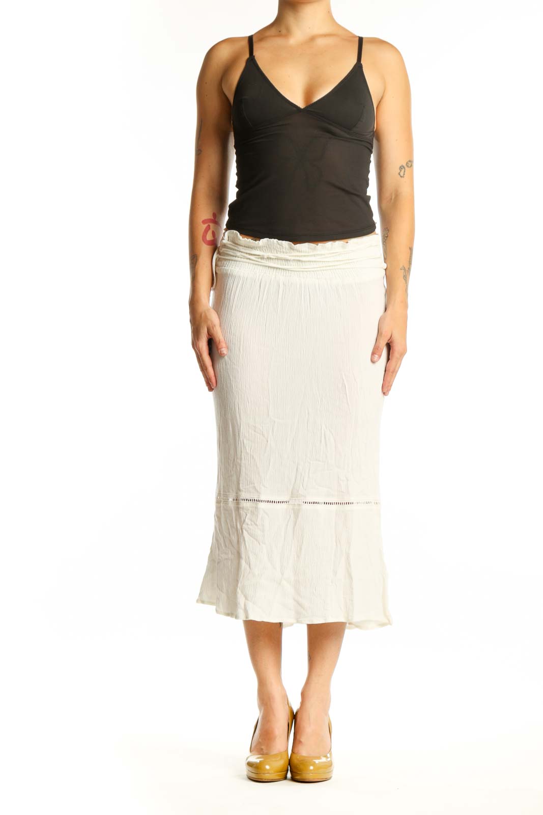 Cream pleated rayon midi skirt front view with decorative waistband and flowing silhouette
