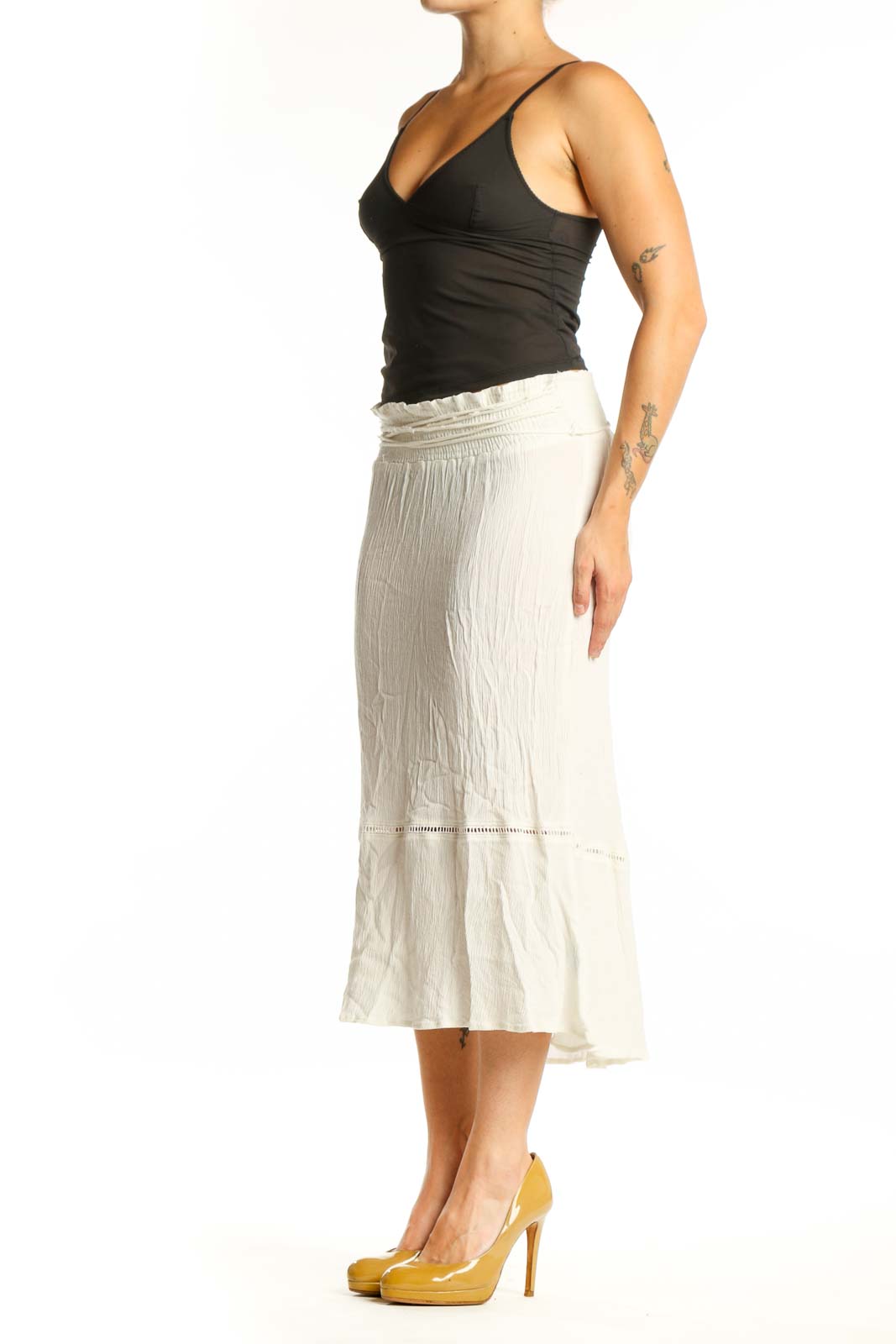 Cream pleated rayon midi skirt front view with decorative waistband and flowing silhouette