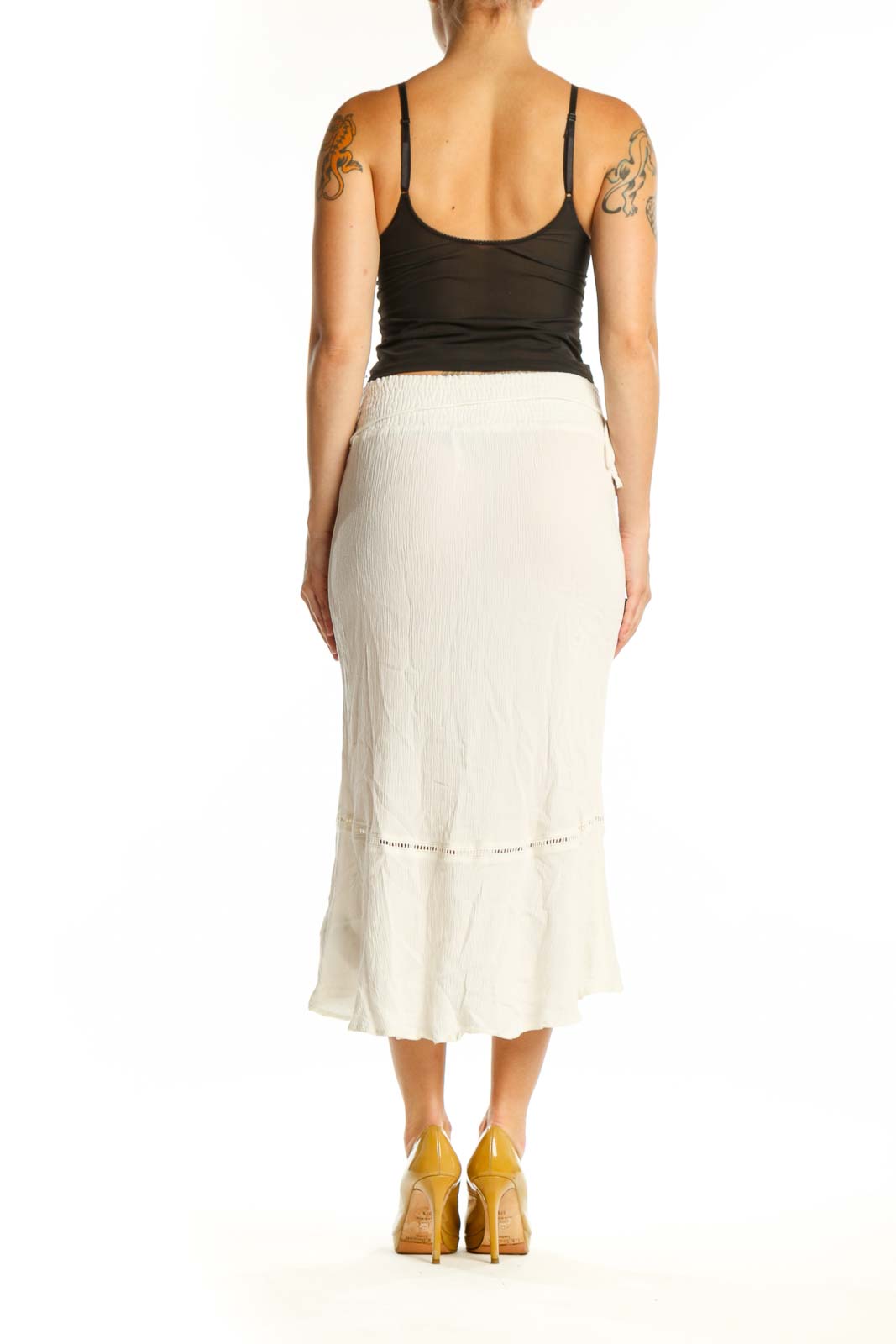 Cream pleated rayon midi skirt back view showing elegant draping and midi length