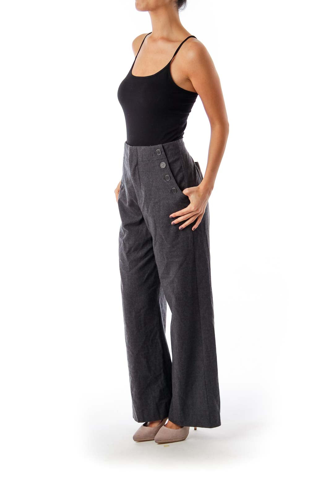 Gray Pocket Button Detail Wide Leg Pants