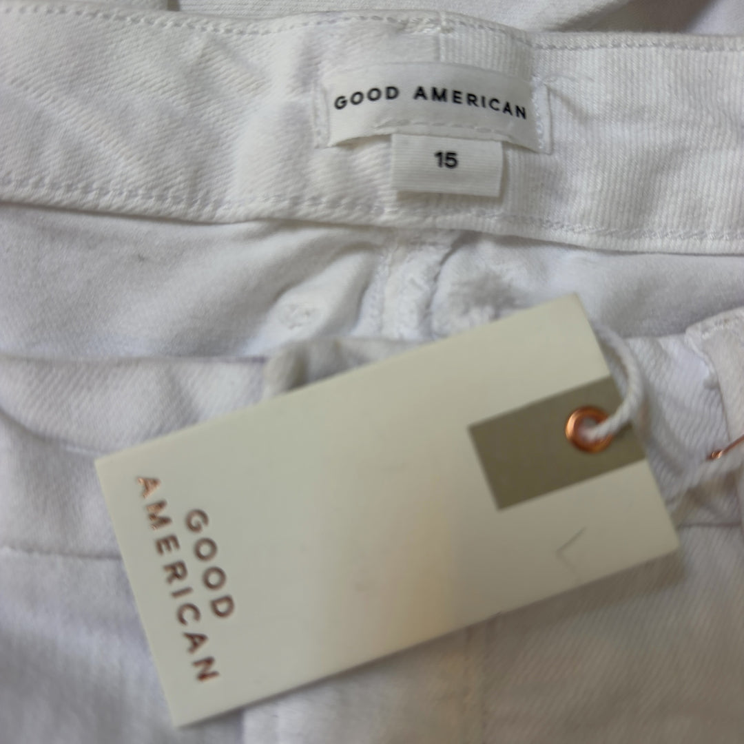Good American white cropped denim jeans XXL back view, showing cropped length and fit