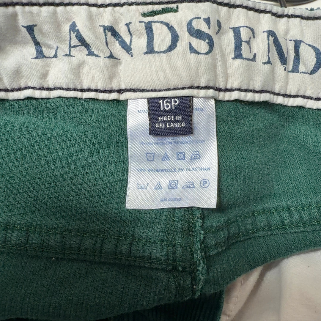 Tag view of green corduroy wide-leg pants from Lands' End showing relaxed fit and full-length inseam