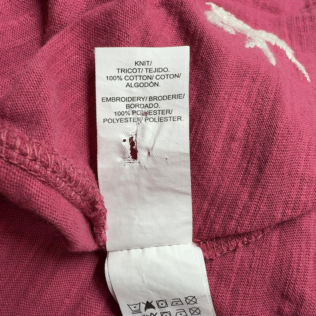 Burgundy bird print tee back view, showing scattered white bird design