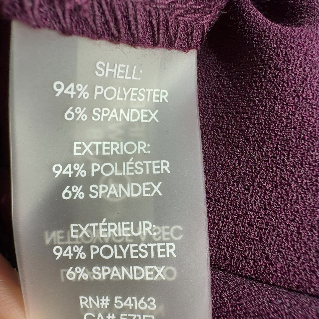Burgundy cape sleeve A-line dress by Calvin Klein, back view displaying flowing cape sleeves and A-line silhouette