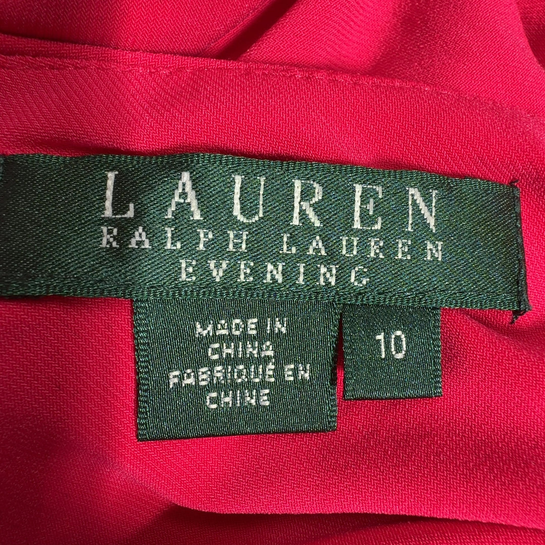 Tag view of red wrap maxi dress showing ruffle cascade and elegant draping by Lauren Ralph Lauren
