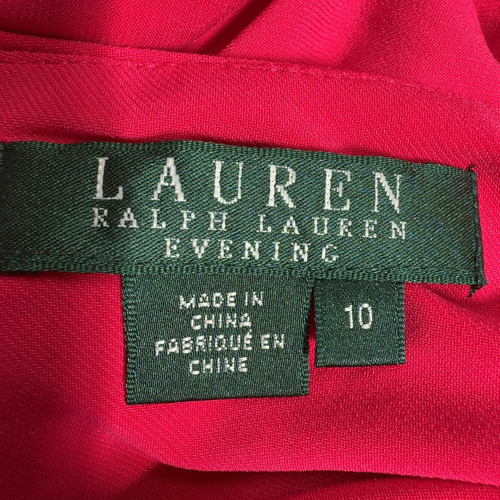 Tag view of red wrap maxi dress showing ruffle cascade and elegant draping by Lauren Ralph Lauren