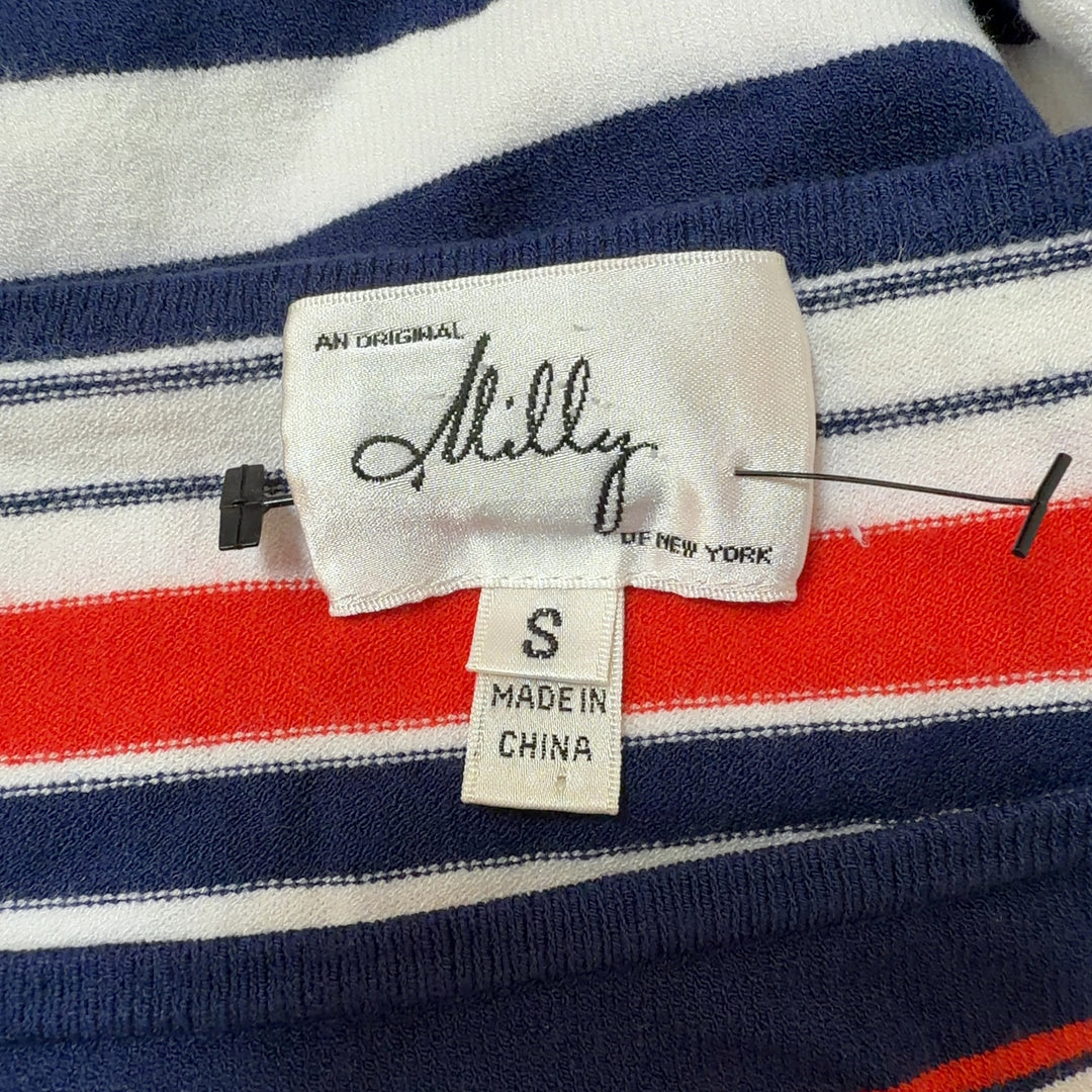 Navy, red, and cream striped three-quarter sleeve knit top by Milly, back view