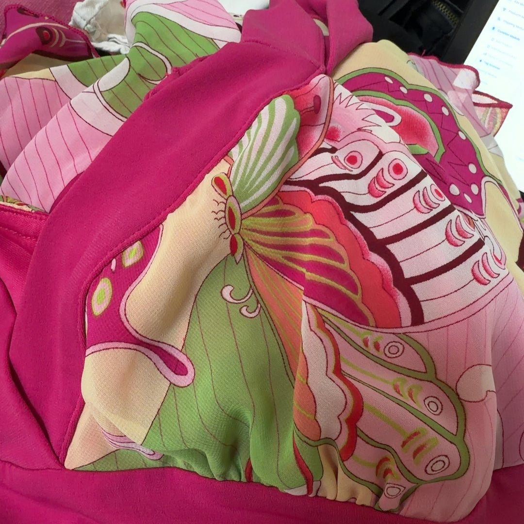 Pink floral empire waist tank top with fuchsia straps and asymmetrical hem, back view