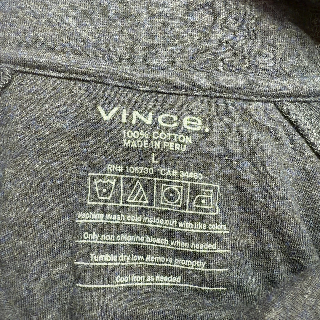 Charcoal cotton knit hoodie pullover with v-neck and drawstring hood, back view