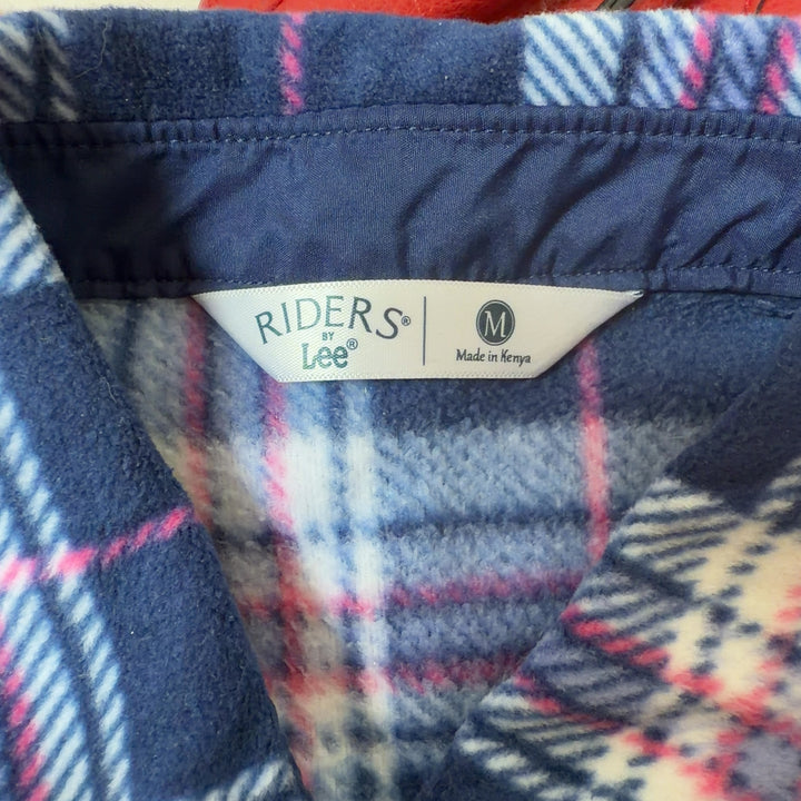 Navy plaid flannel button-up jacket back view, showing full length and relaxed fit