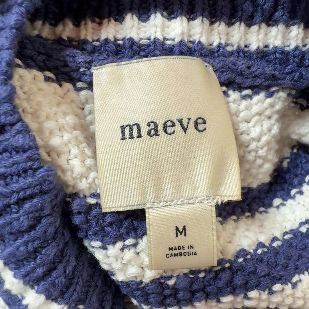 Tag view of navy striped Maeve cardigan vest showing horizontal stripe pattern and button-front design