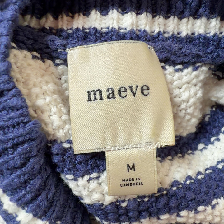 Tag view of navy striped Maeve cardigan vest showing horizontal stripe pattern and button-front design