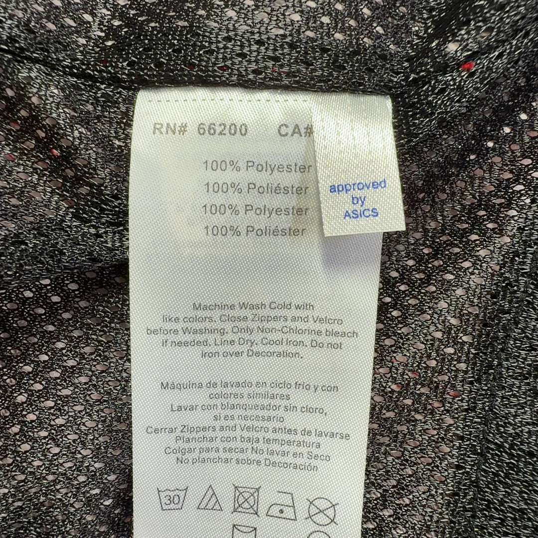 Red Asics windbreaker jacket back view showing full-length design and black hood