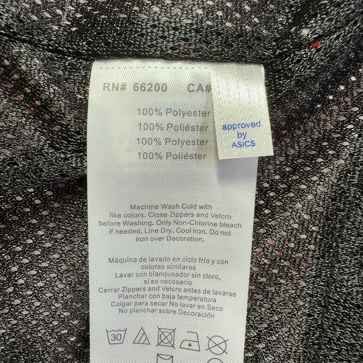 Red Asics windbreaker jacket back view showing full-length design and black hood
