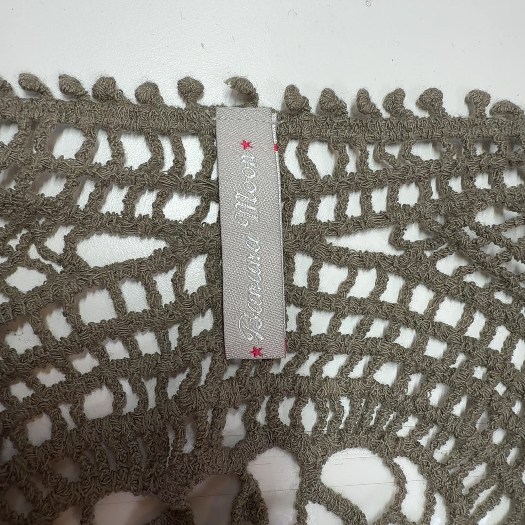 Beige crochet lace knit top with geometric lacework design, back view