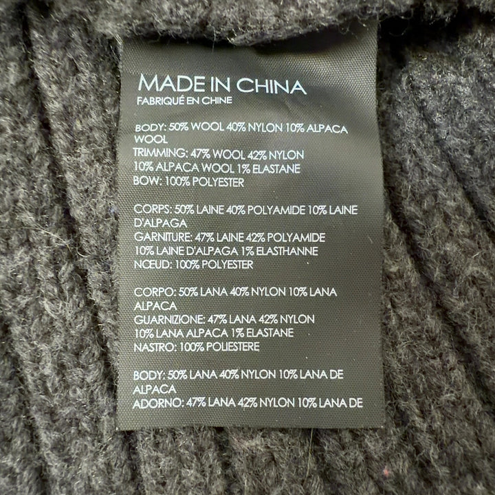Gray alpaca-blend pullover sweater with bow cuff details, back view