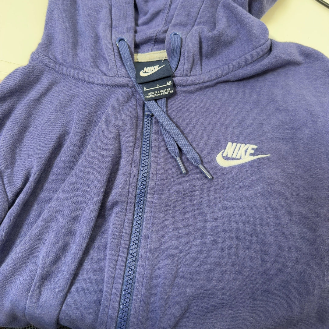 Navy Nike zip-up hoodie back view, showing relaxed fit and drawstring hood