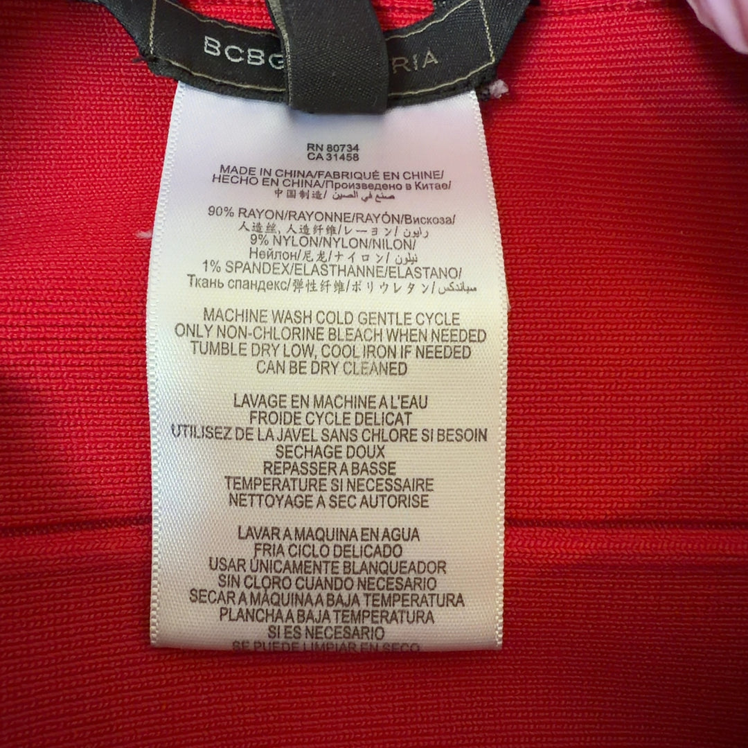 Red bandage mini skirt back view showing sleek silhouette and flattering cut
