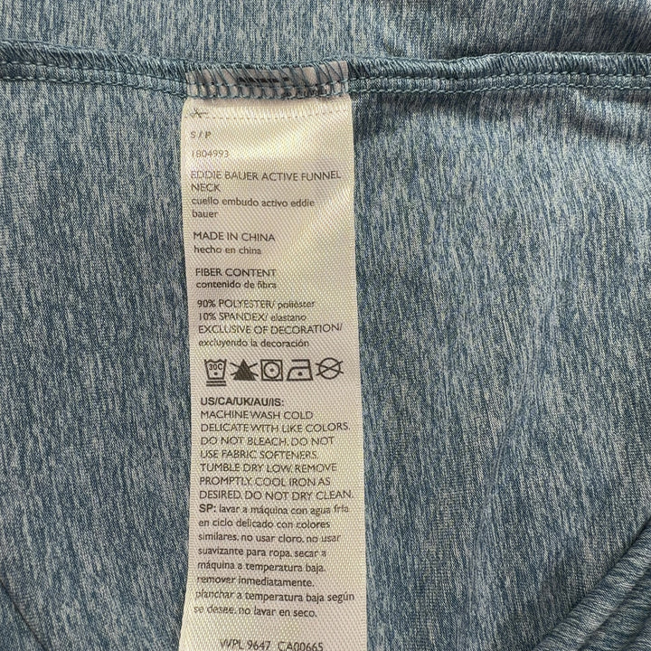 Eddie Bauer blue heathered turtleneck long sleeve activewear top back view on model