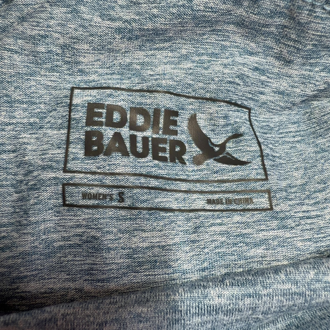 Eddie Bauer blue heathered turtleneck long sleeve activewear top back view on model