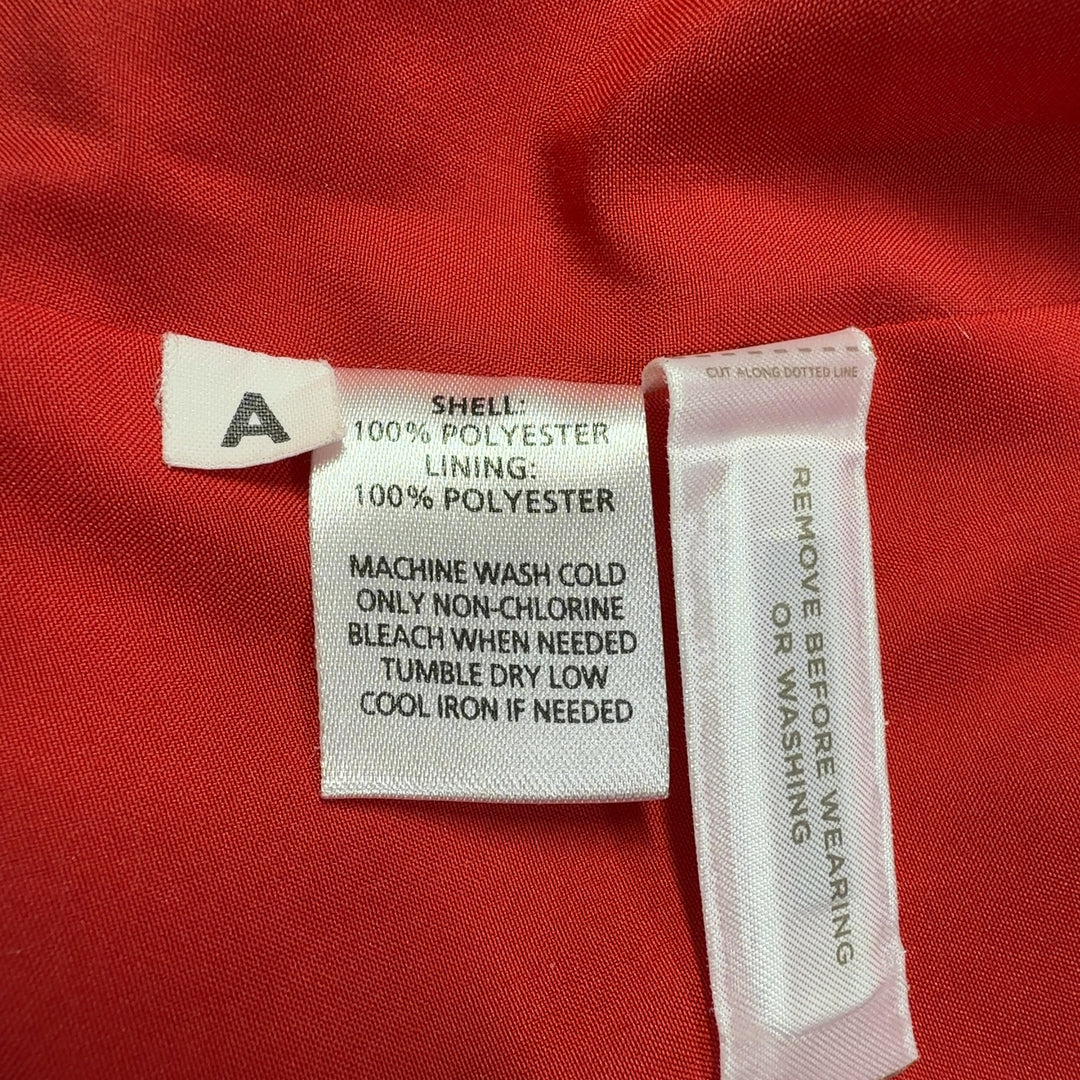 Red sleeveless A-line dress with cinched waist and side pockets, back view