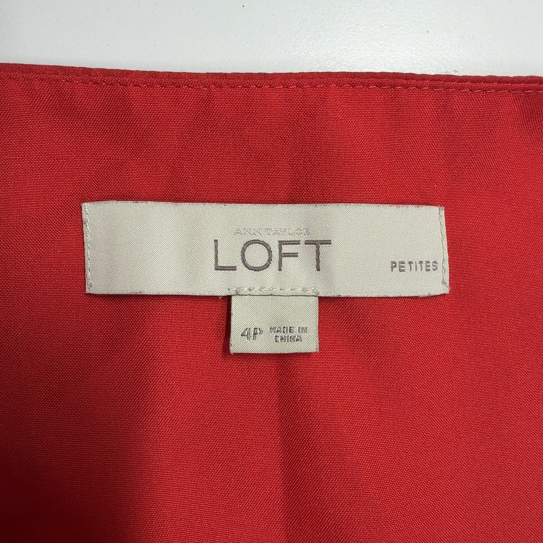 Red sleeveless A-line dress with cinched waist and side pockets, back view