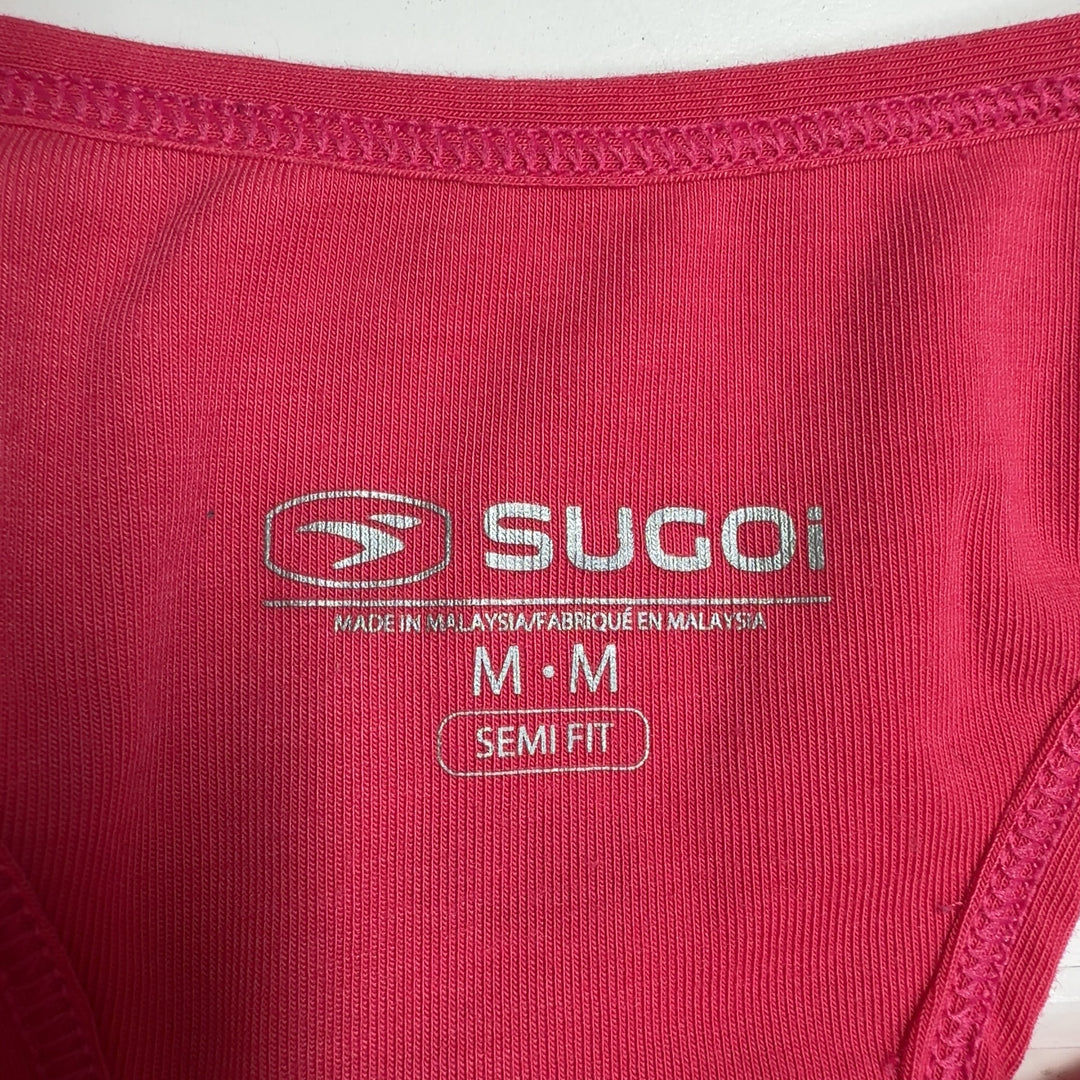Red SUGOI athletic tank top with gray contrast back panel detail, back view