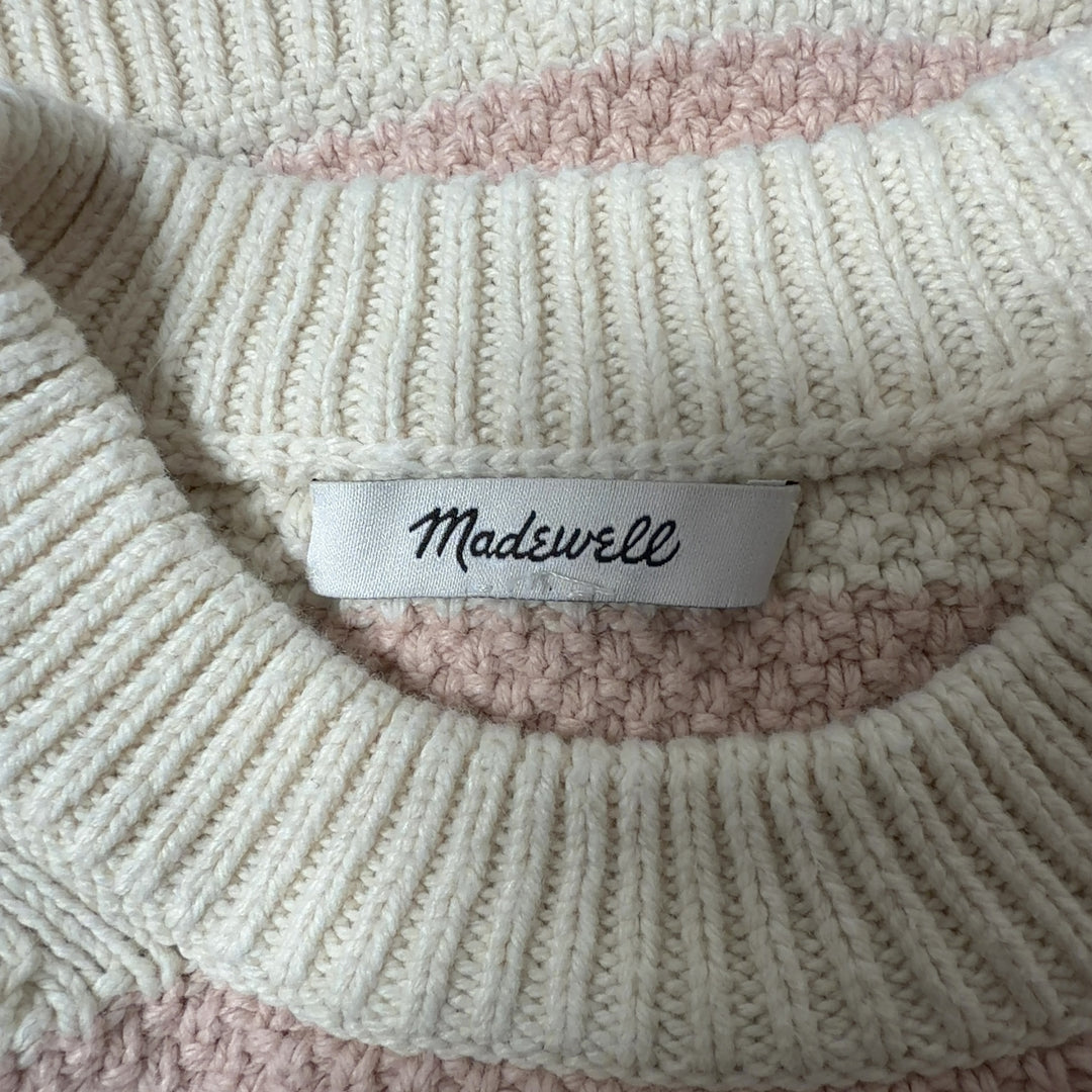 Cream and blush striped knit pullover sweater with cropped hem, back view