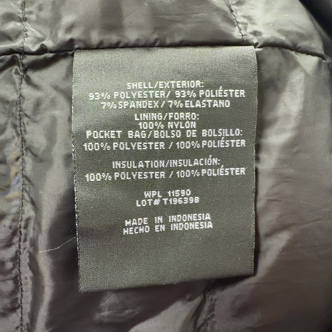Black hooded puffer jacket back view showing structured quilted pattern and hood detail