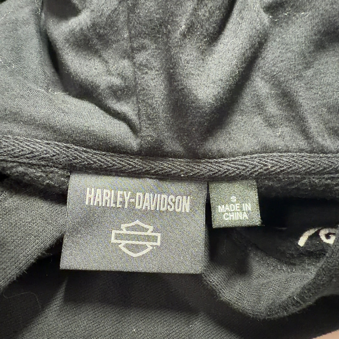 Black Harley Davidson hoodie sweatshirt back view showing relaxed fit and kangaroo pocket