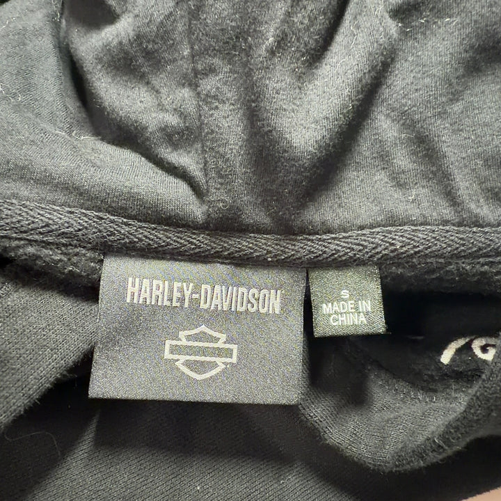 Black Harley Davidson hoodie sweatshirt back view showing relaxed fit and kangaroo pocket