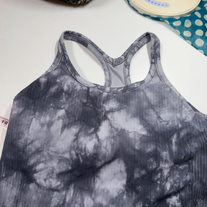 Gray tie-dye ribbed tank top back view on model, showing form-fitting design