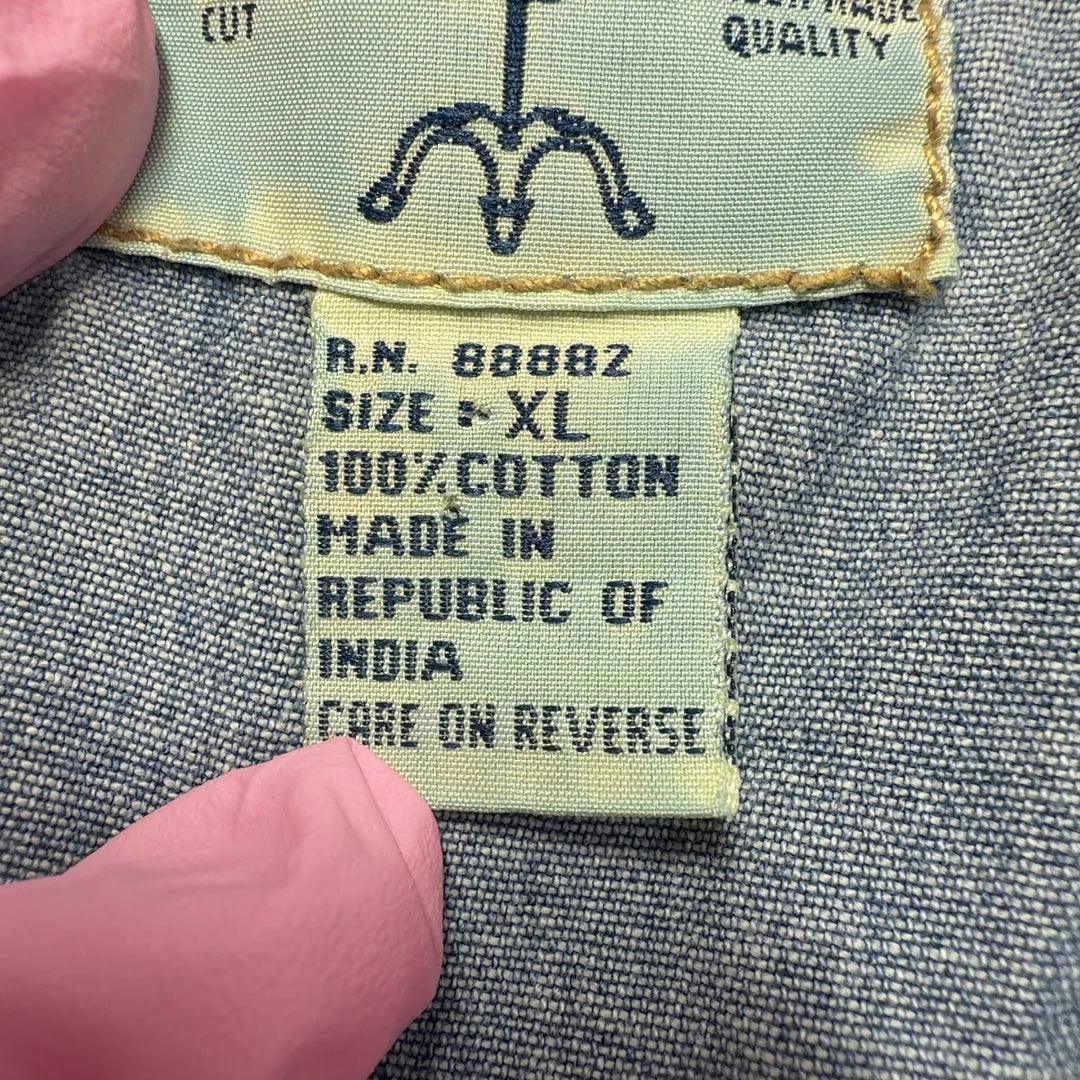 Blue denim button-front shirt dress with A-line silhouette, back view