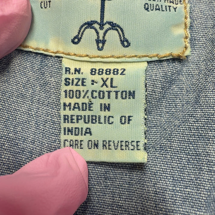 Blue denim button-front shirt dress with A-line silhouette, back view
