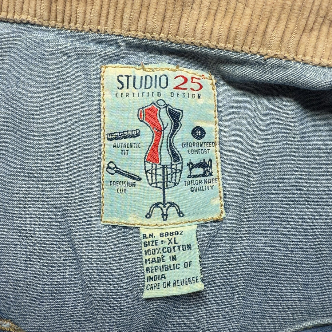 Blue denim button-front shirt dress with A-line silhouette, back view