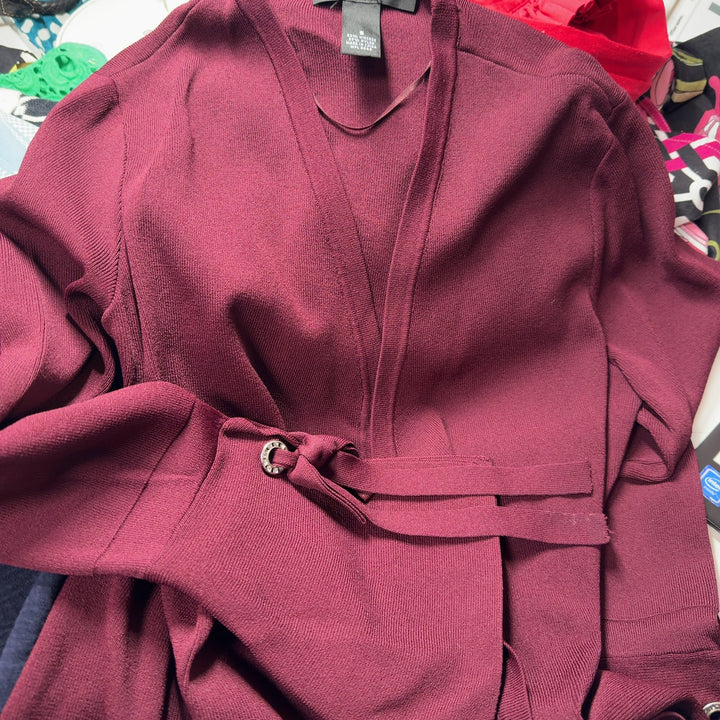 Burgundy open front cardigan with tie-detail cuffs, back view showing relaxed fit and drape