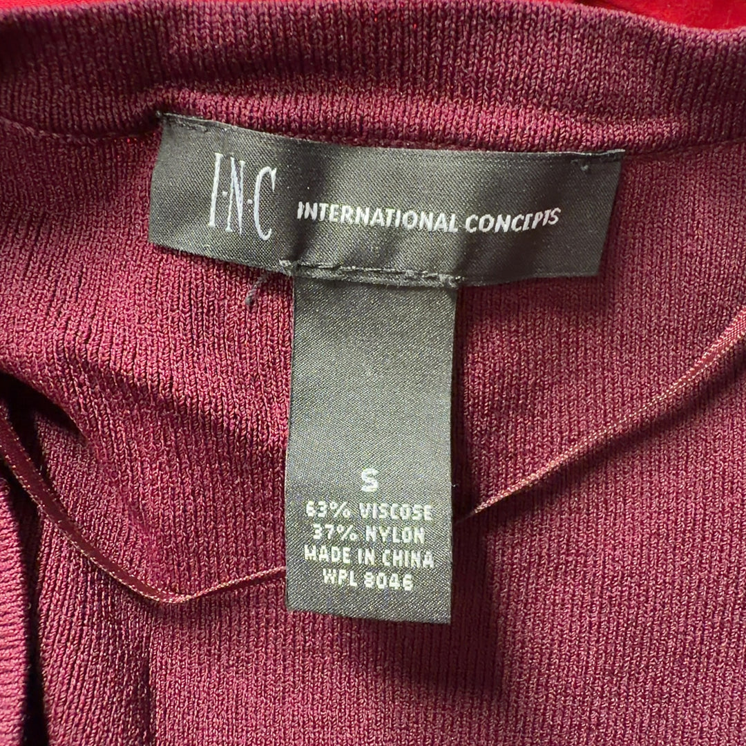 Burgundy open front cardigan with tie-detail cuffs, back view showing relaxed fit and drape