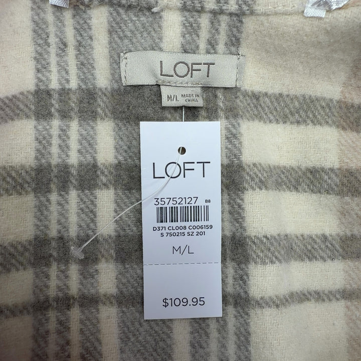 Tag view of cream plaid kimono cardigan showing relaxed drape and flutter sleeve detail