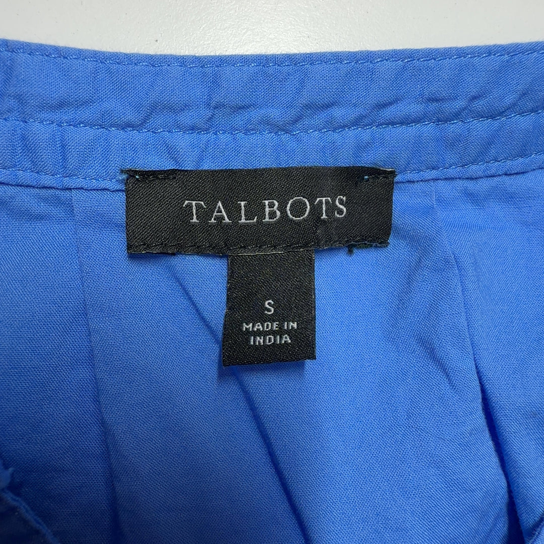 Blue cotton long sleeve henley top, back view showing relaxed fit and sleeve detail