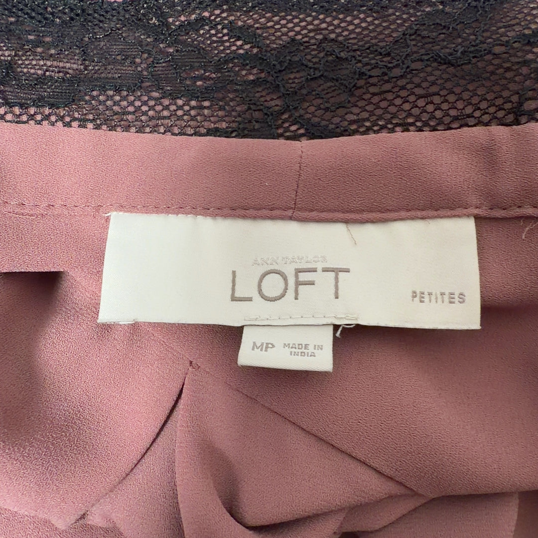 Mauve tie neck button-up blouse with black contrast trim, back view showing tie detail